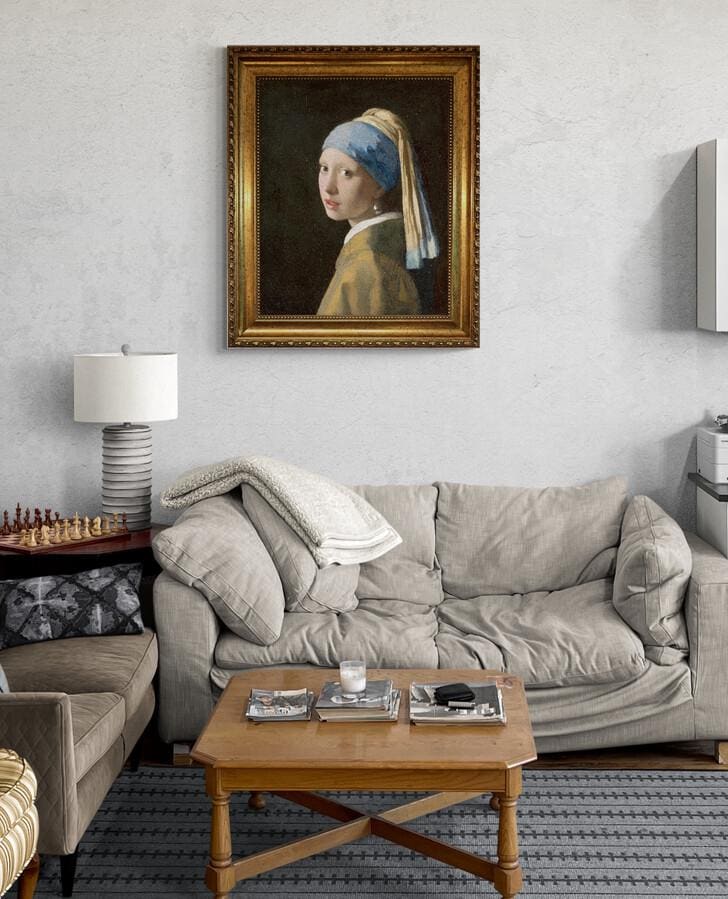 Vermeer Girl with a Pearl Earring, 3D Canvas Print Reproduction with Vintage Gold Wooden Frame FOSHE ART