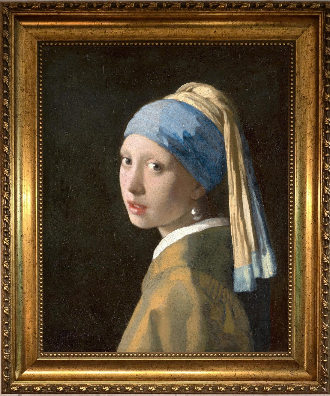 Vermeer Girl with a Pearl Earring, 3D Canvas Print Reproduction with Vintage Gold Wooden Frame FOSHE ART