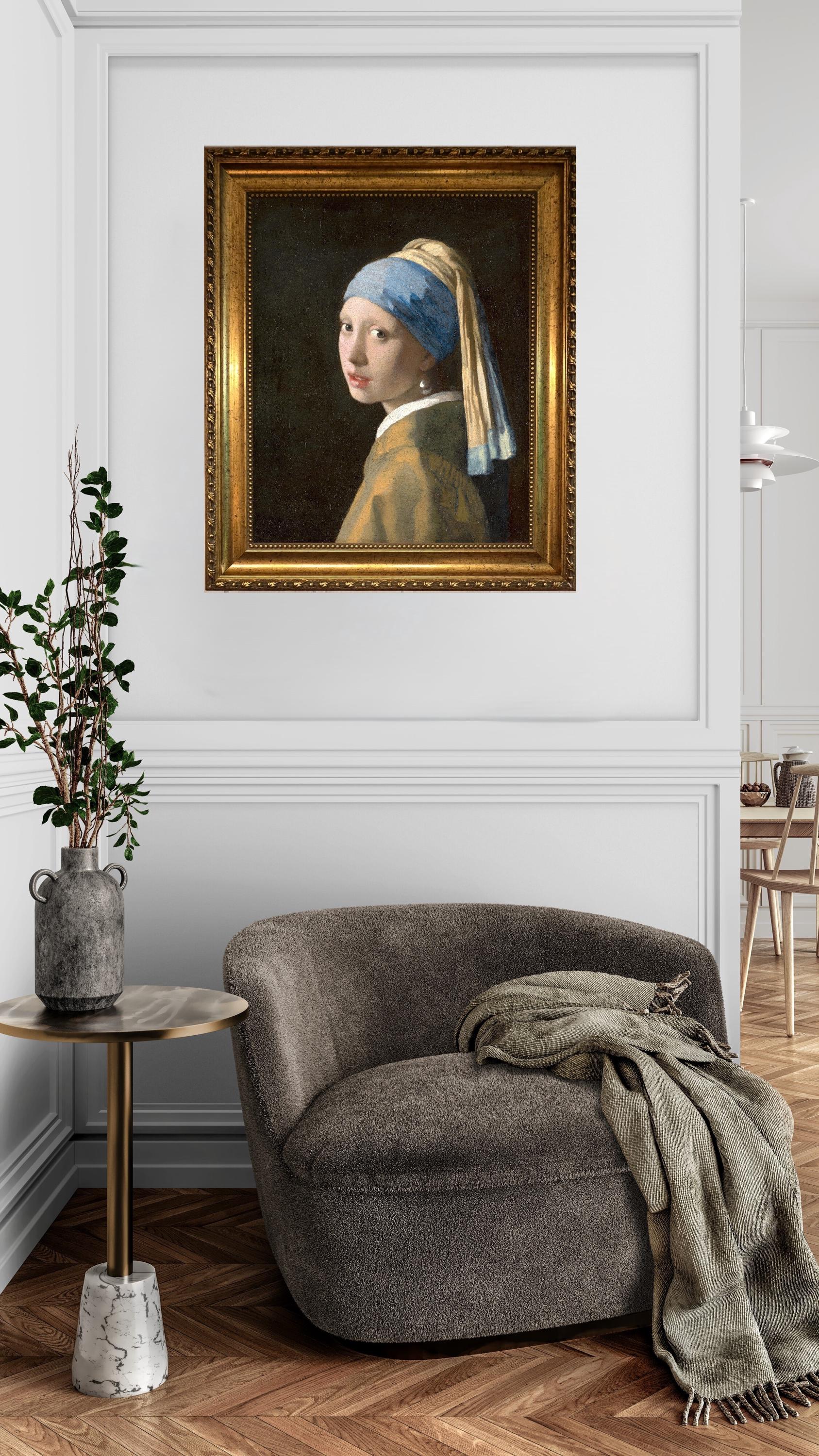 Vermeer Girl with a Pearl Earring, 3D Canvas Print Reproduction with Vintage Gold Wooden Frame FOSHE ART