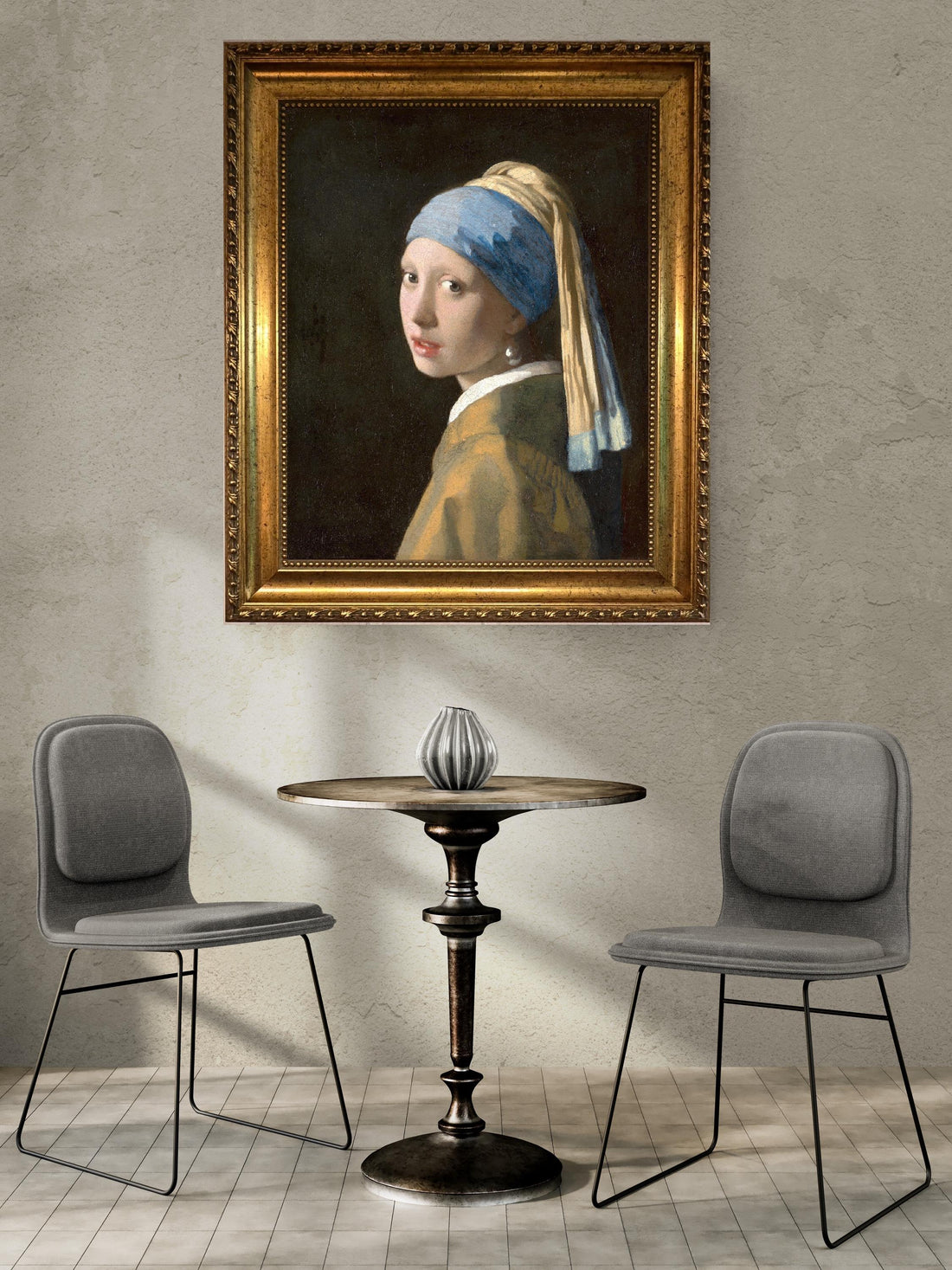 Vermeer Girl with a Pearl Earring, 3D Canvas Print Reproduction with Vintage Gold Wooden Frame FOSHE ART