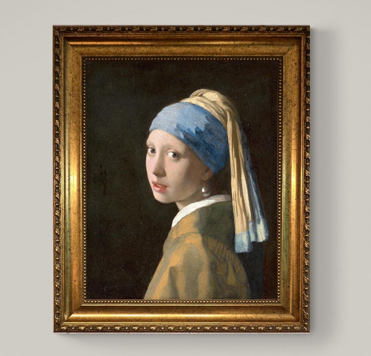 Vermeer Girl with a Pearl Earring, 3D Canvas Print Reproduction with Vintage Gold Wooden Frame FOSHE ART