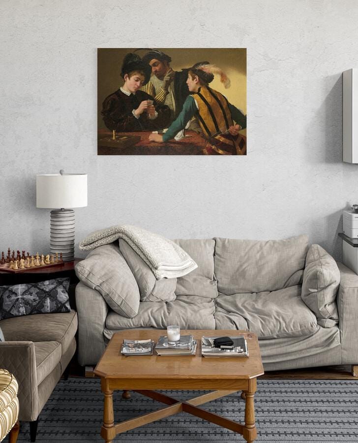 Cardsharps by Caravaggio, Canvas Print with 3D Brush Strokes texture FOSHE ART