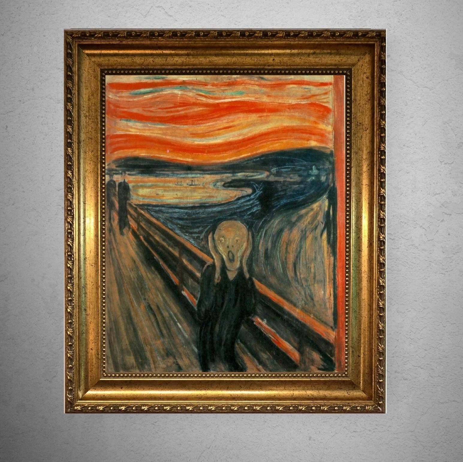 SCREAM by Edvard Munch 3D Canvas Print with Vintage Wooden Gold Frame, Brush Strokes FOSHE ART