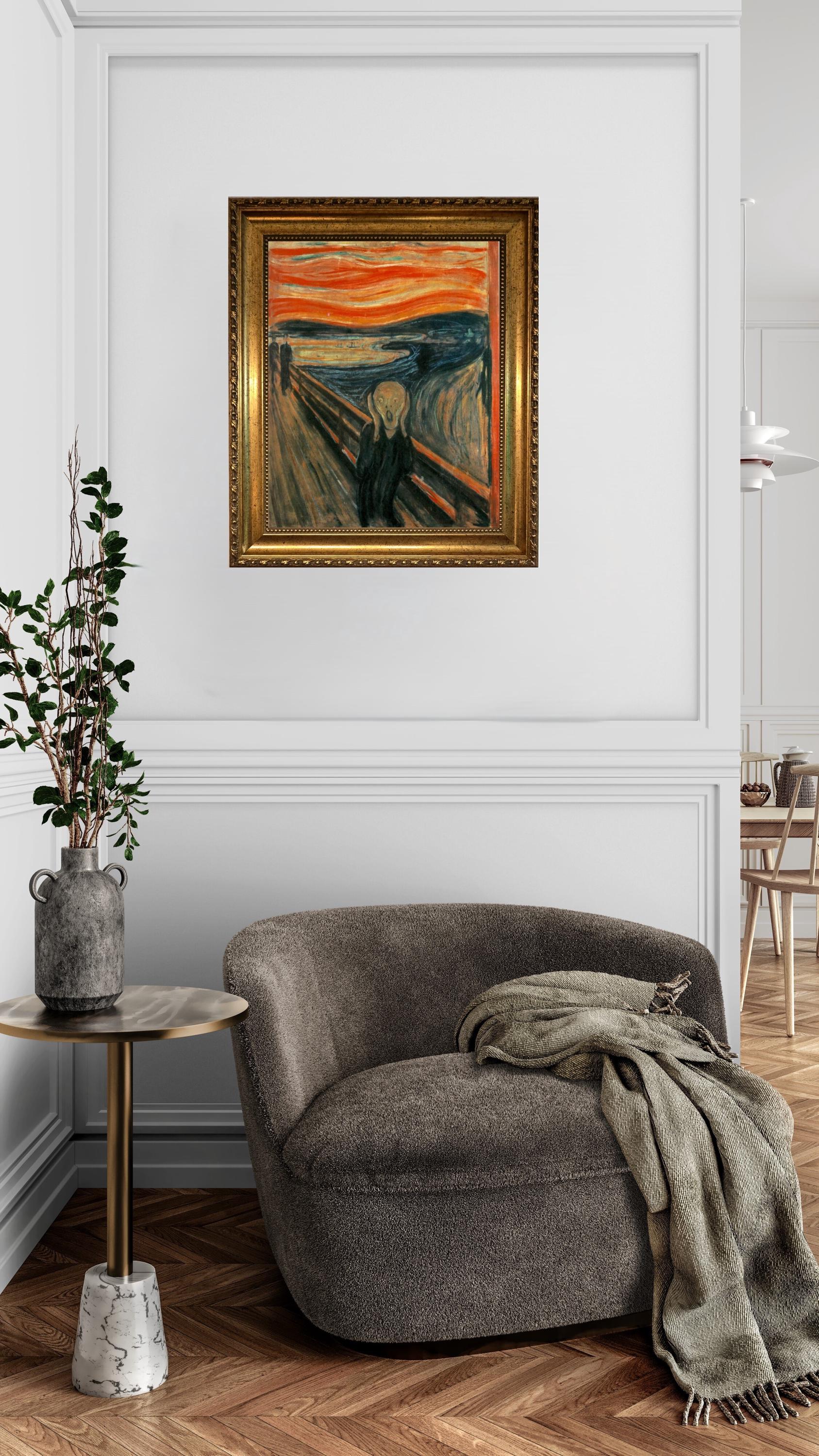 SCREAM by Edvard Munch 3D Canvas Print with Vintage Wooden Gold Frame, Brush Strokes FOSHE ART
