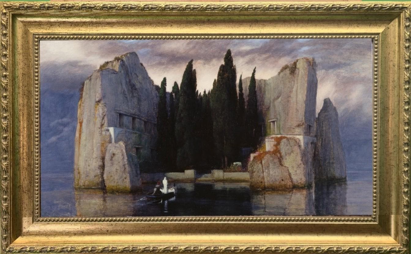 Isle of the Dead by Arnold Böcklin, Premium Print on canvas with Hand-Finished Brush Strokes and  Golden Vintage Frame FOSHE ART