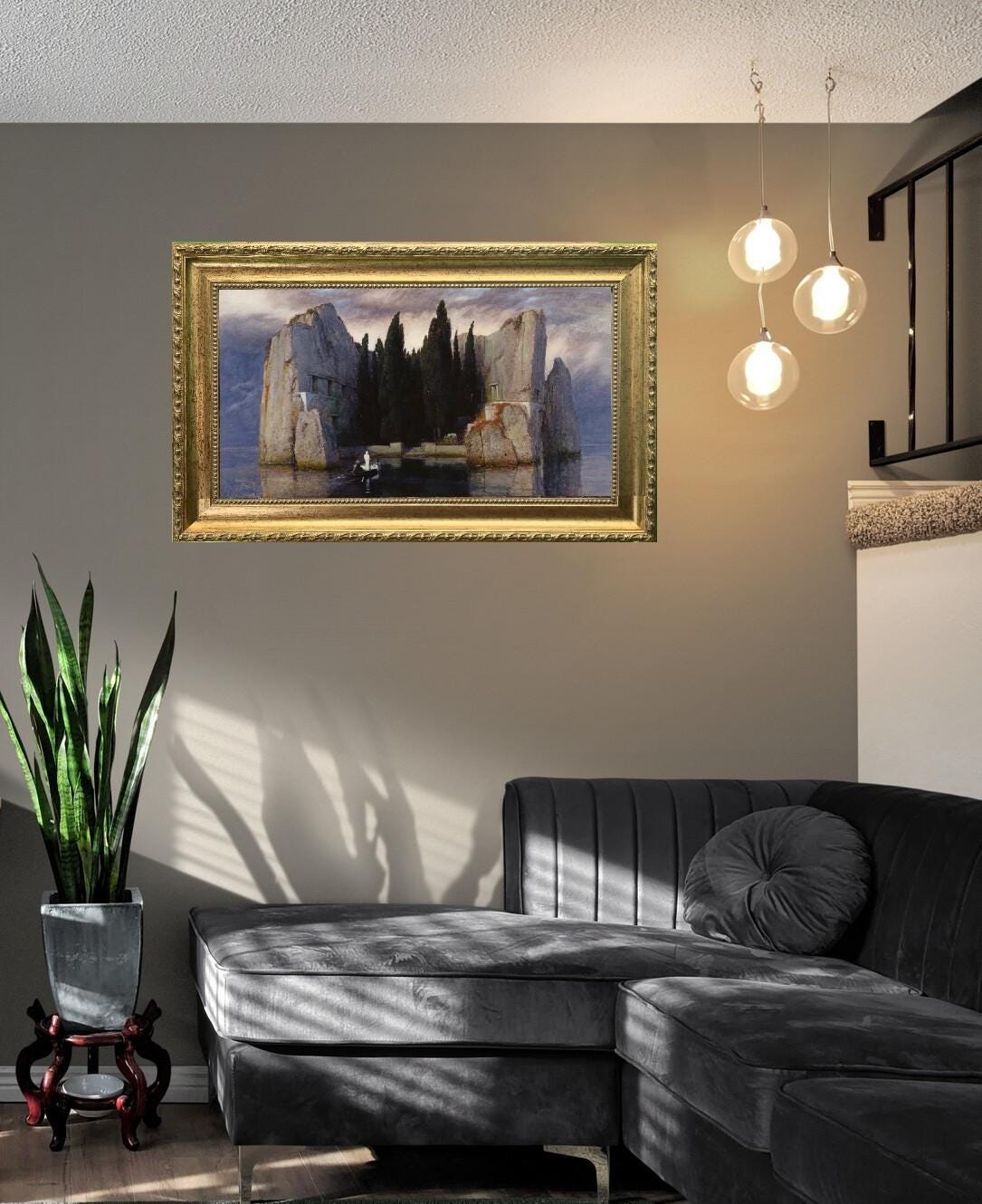 Isle of the Dead by Arnold Böcklin, Premium Print on canvas with Hand-Finished Brush Strokes and  Golden Vintage Frame FOSHE ART