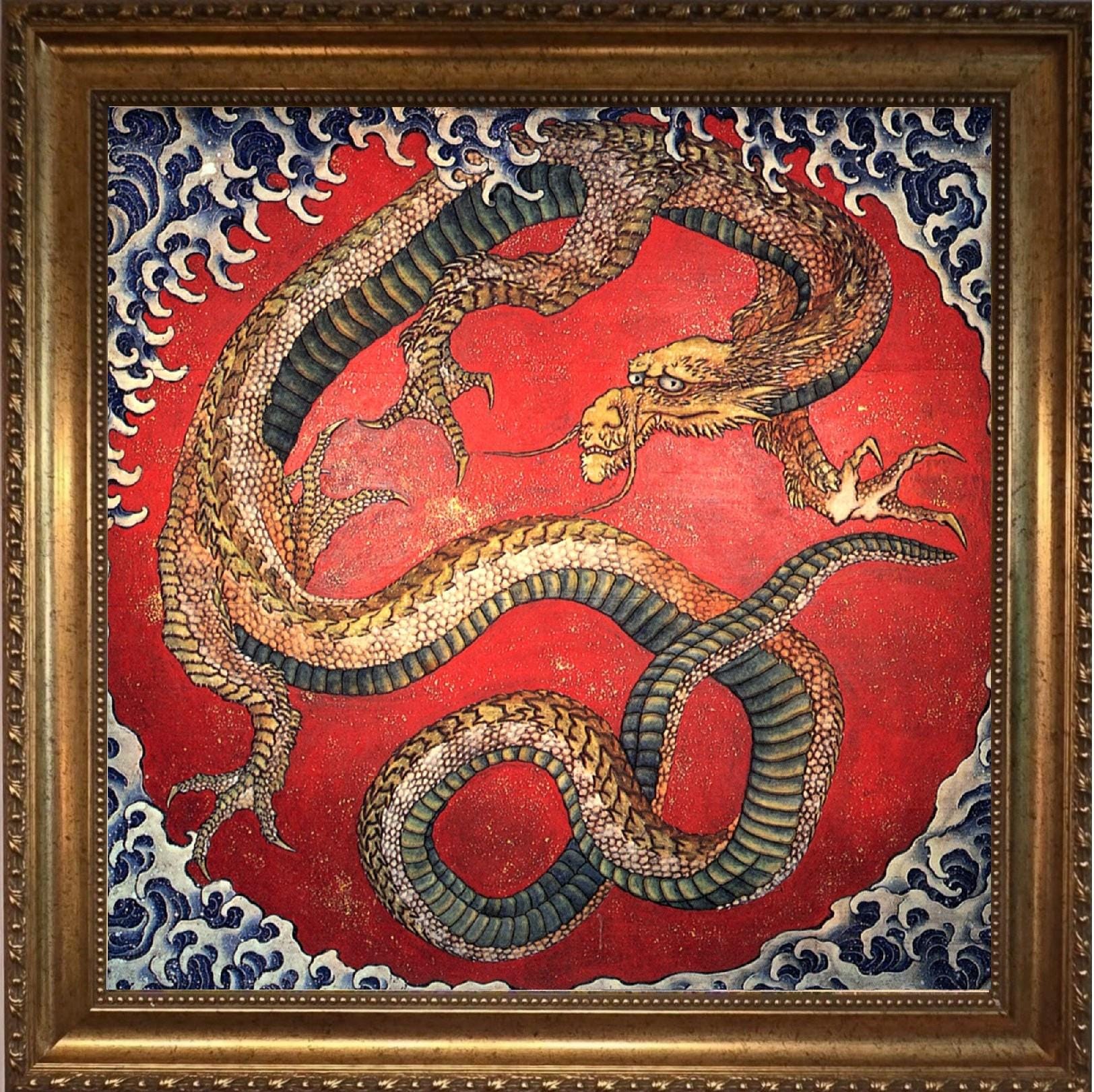 Hokusai Dragon Art Print with Brush Stroke Texture: Japanese Reproduction on Canvas, Golden Frame FOSHE ART