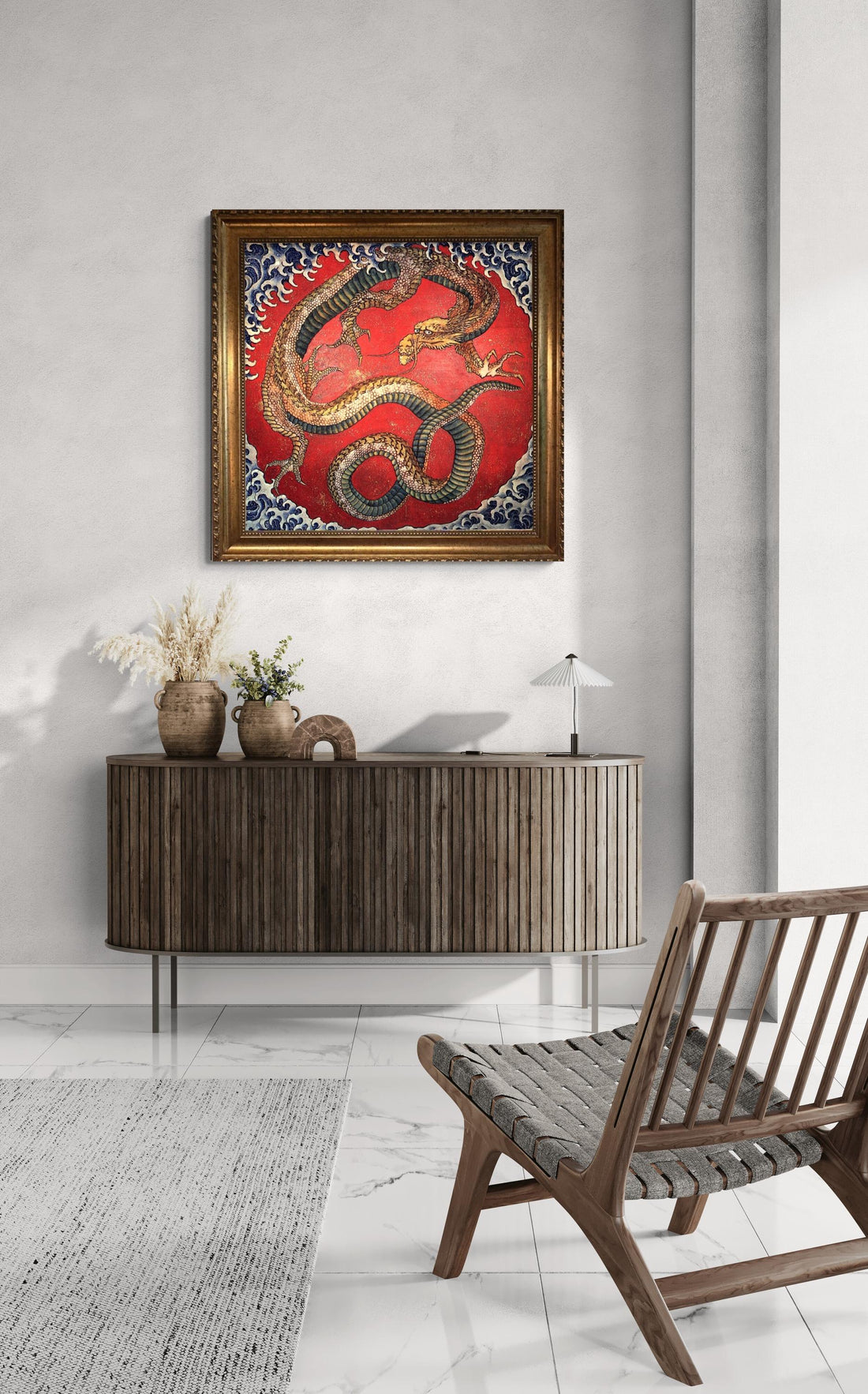 Hokusai Dragon Art Print with Brush Stroke Texture: Japanese Reproduction on Canvas, Golden Frame FOSHE ART