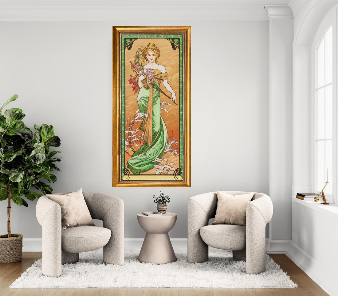 Framed Art Nouveau Print: Alfons Mucha's "Spring" with Golden Frame FOSHE ART