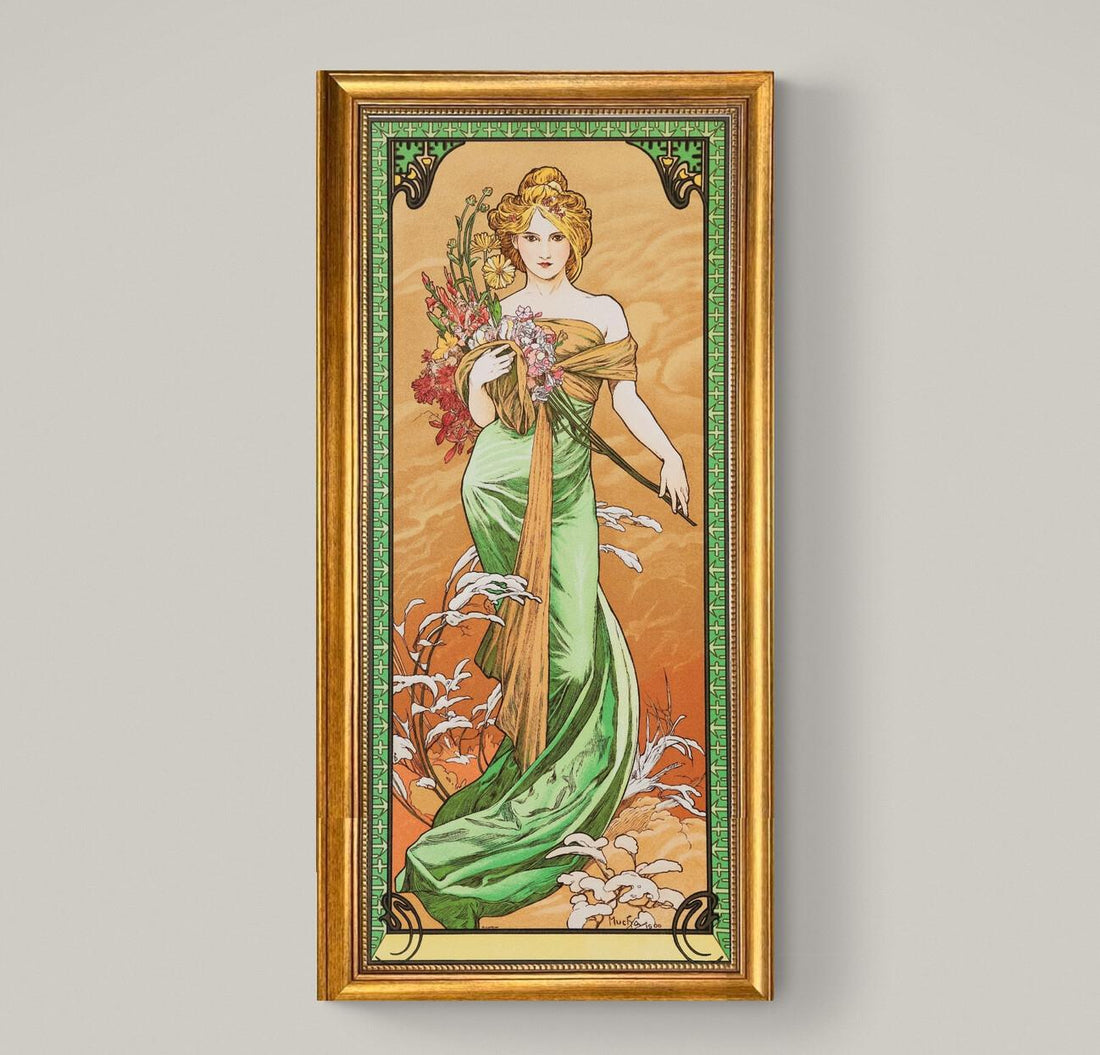 Framed Art Nouveau Print: Alfons Mucha's "Spring" with Golden Frame FOSHE ART
