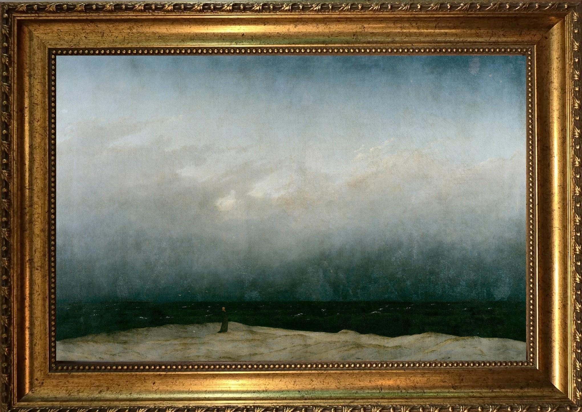 Caspar David Friedrich 'Monk by the Sea' Canvas Print in Golden Vintage Frame, Brush Strokes FOSHE ART