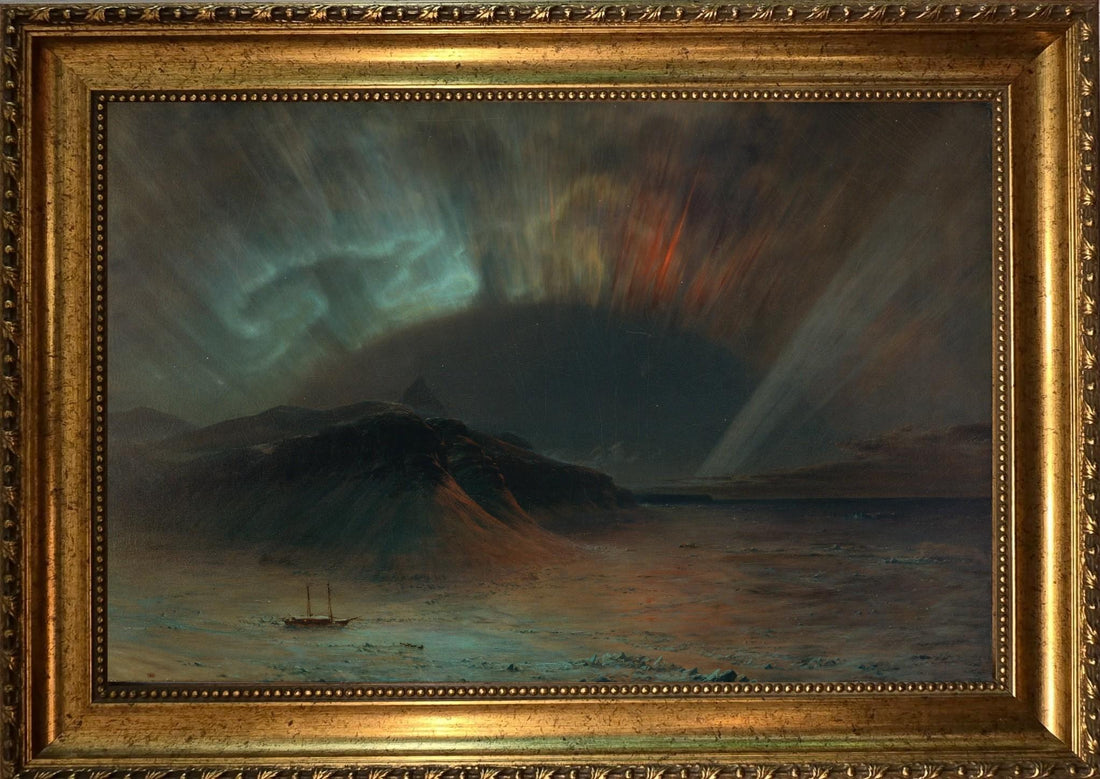 Aurora Borealis by Frederic Edwin Church, Print on canvas: Brushstroke Texture, Golden Vintage Frame FOSHE ART