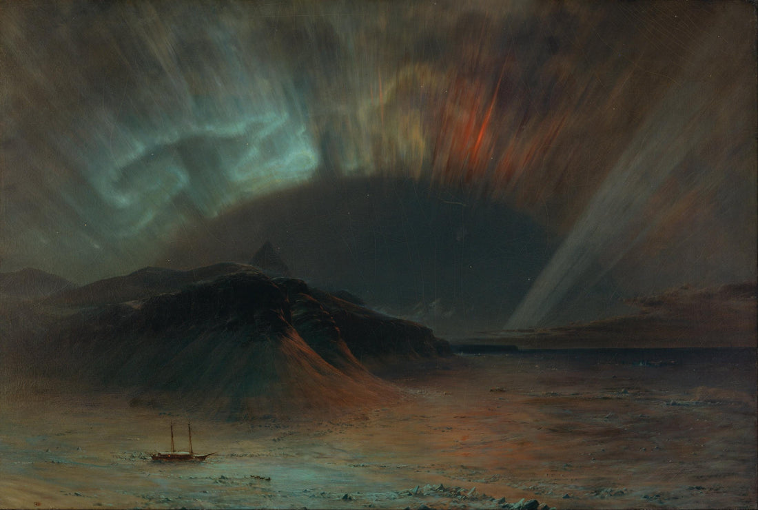 Aurora Borealis by Frederic Edwin Church, Print on canvas: Brushstroke Texture, Golden Vintage Frame FOSHE ART