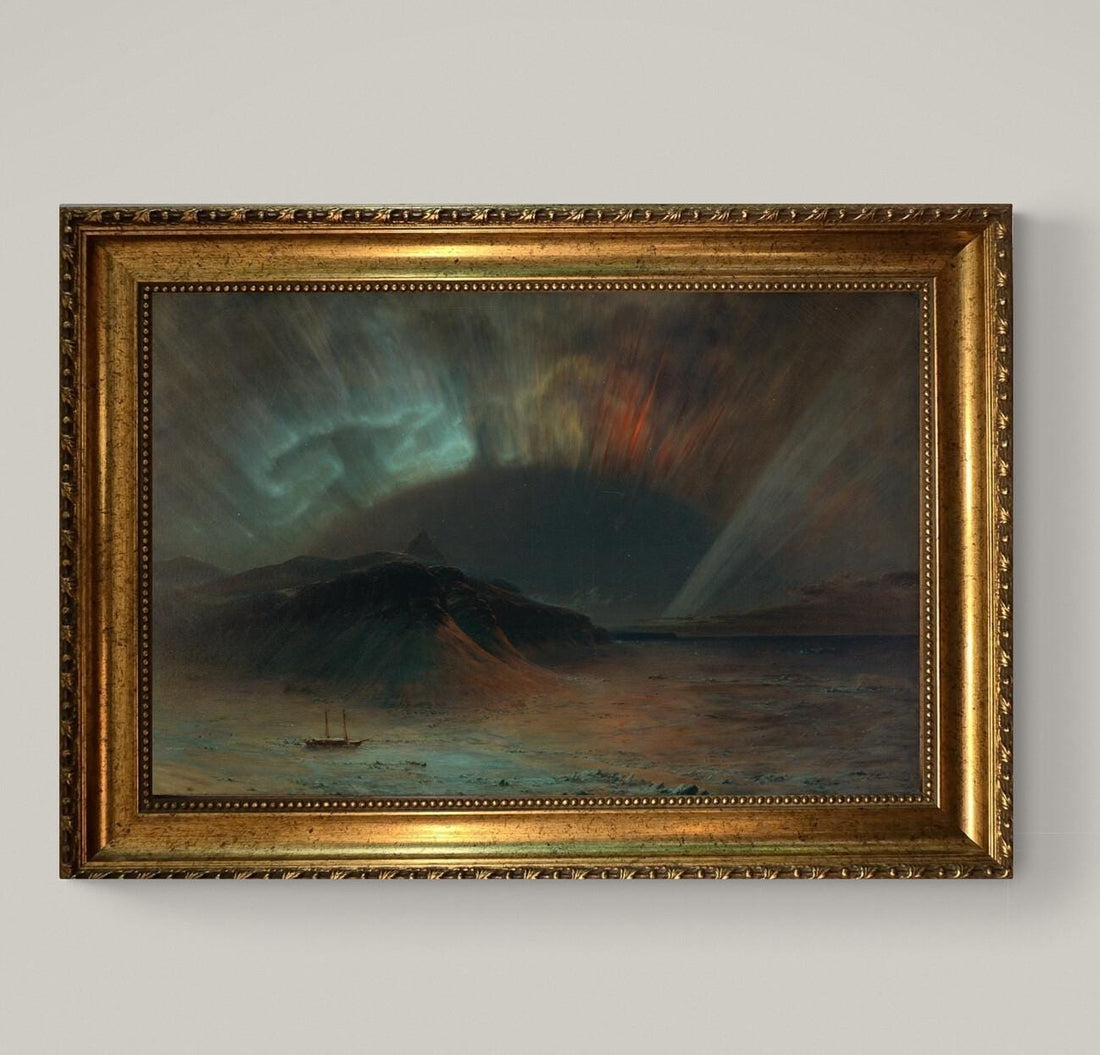 Aurora Borealis by Frederic Edwin Church, Print on canvas: Brushstroke Texture, Golden Vintage Frame FOSHE ART