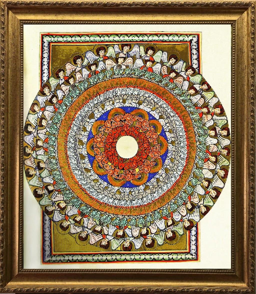 Hildegard of Bingen Mandala Canvas Print with brush strokes and Vintage Golden Frame FOSHE ART
