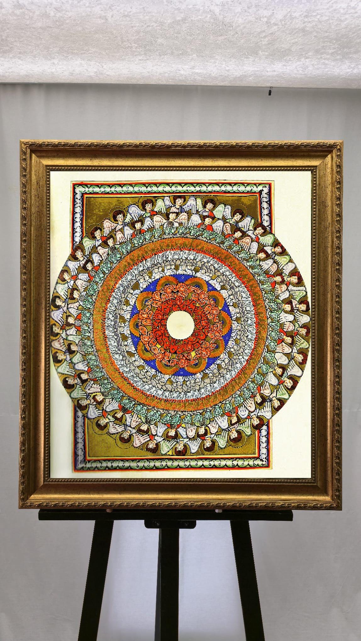 Hildegard of Bingen Mandala Canvas Print with brush strokes and Vintage Golden Frame FOSHE ART