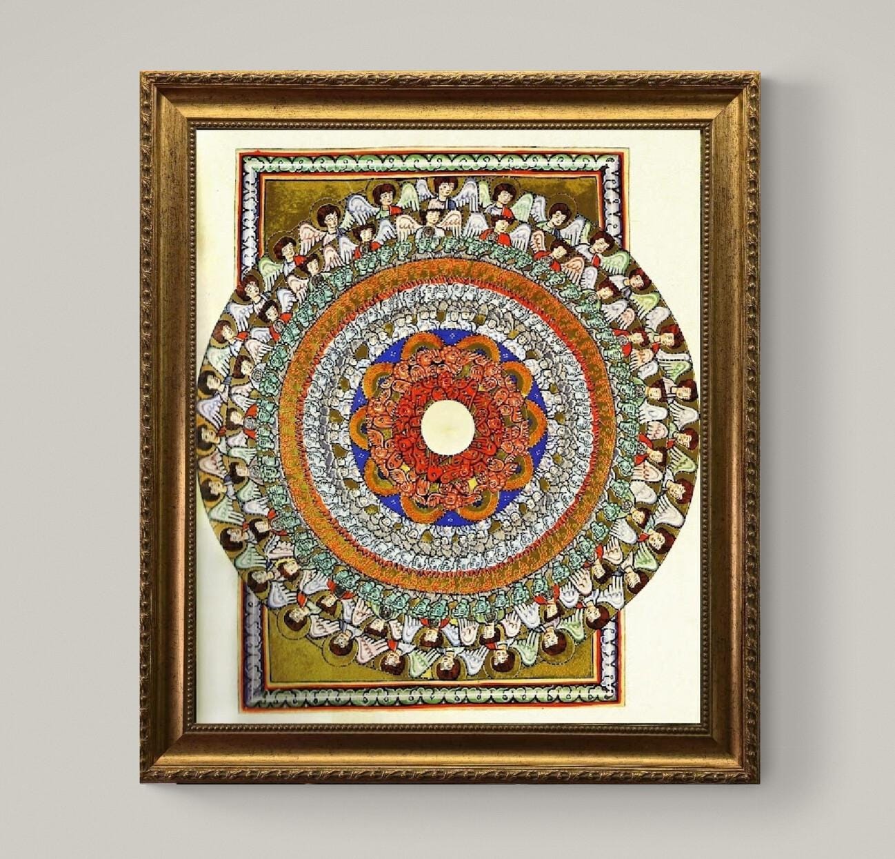 Hildegard of Bingen Mandala Canvas Print with brush strokes and Vintage Golden Frame FOSHE ART