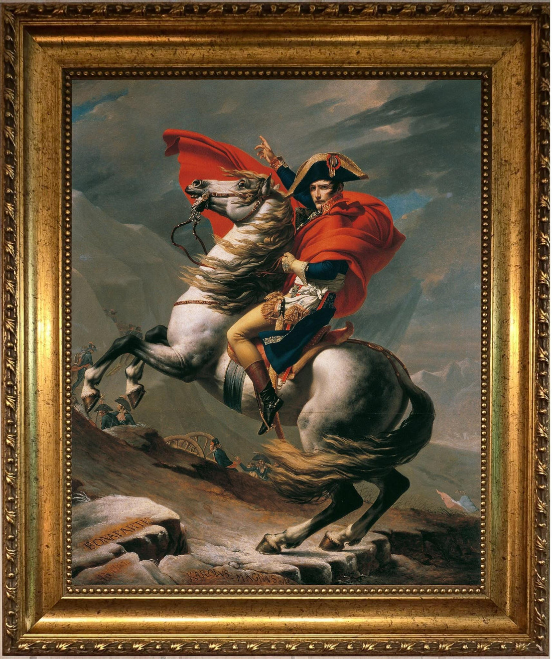 Napoleon Crossing the Alps Canvas Print with Vintage Gold Frame, Brush Strokes FOSHE ART