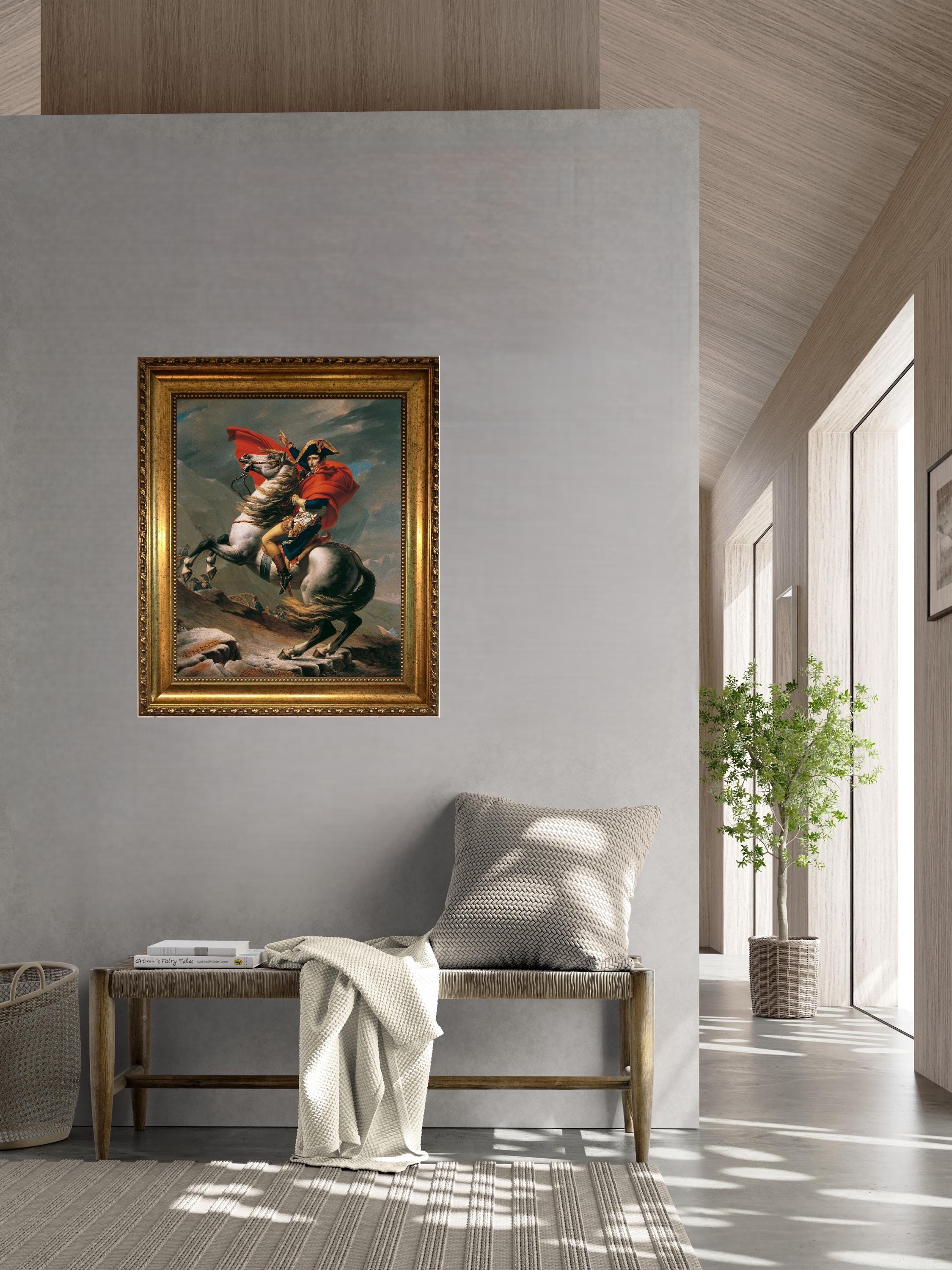 Napoleon Crossing the Alps Canvas Print with Vintage Gold Frame, Brush Strokes FOSHE ART