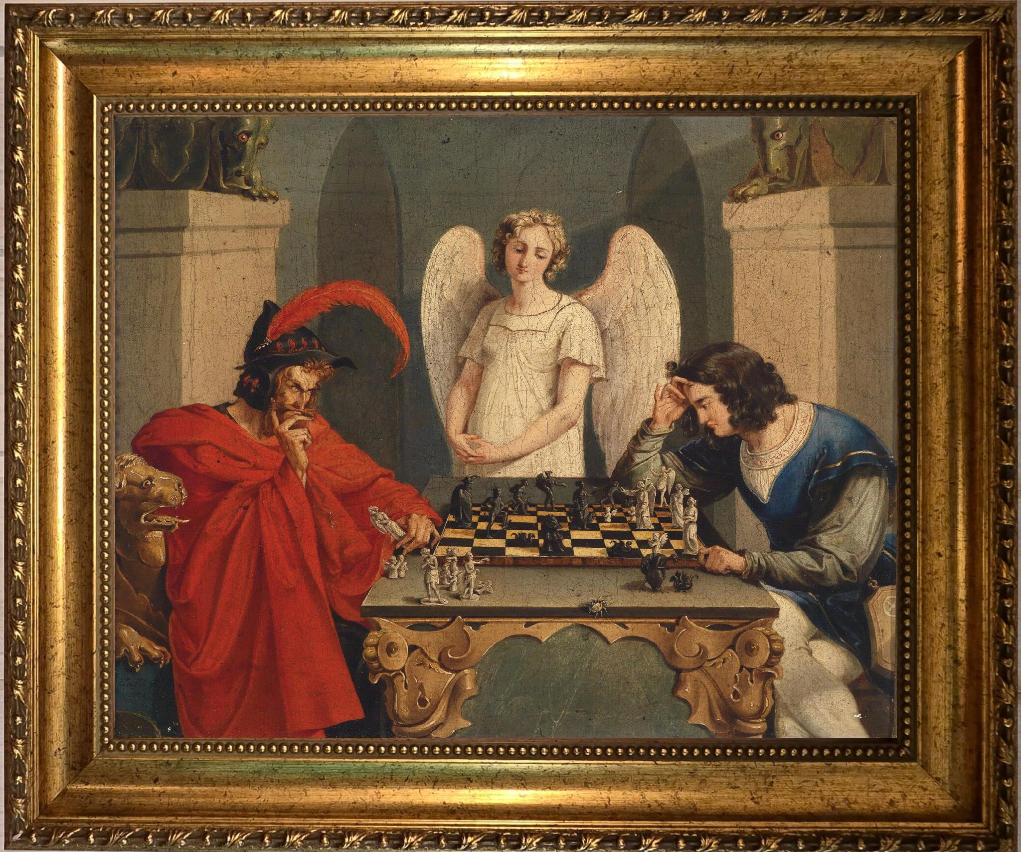 Faust & Mephistopheles Chess Art Print – Moritz Retzsch Giclee on Canvas with Vintage Wooden Frame FOSHE ART