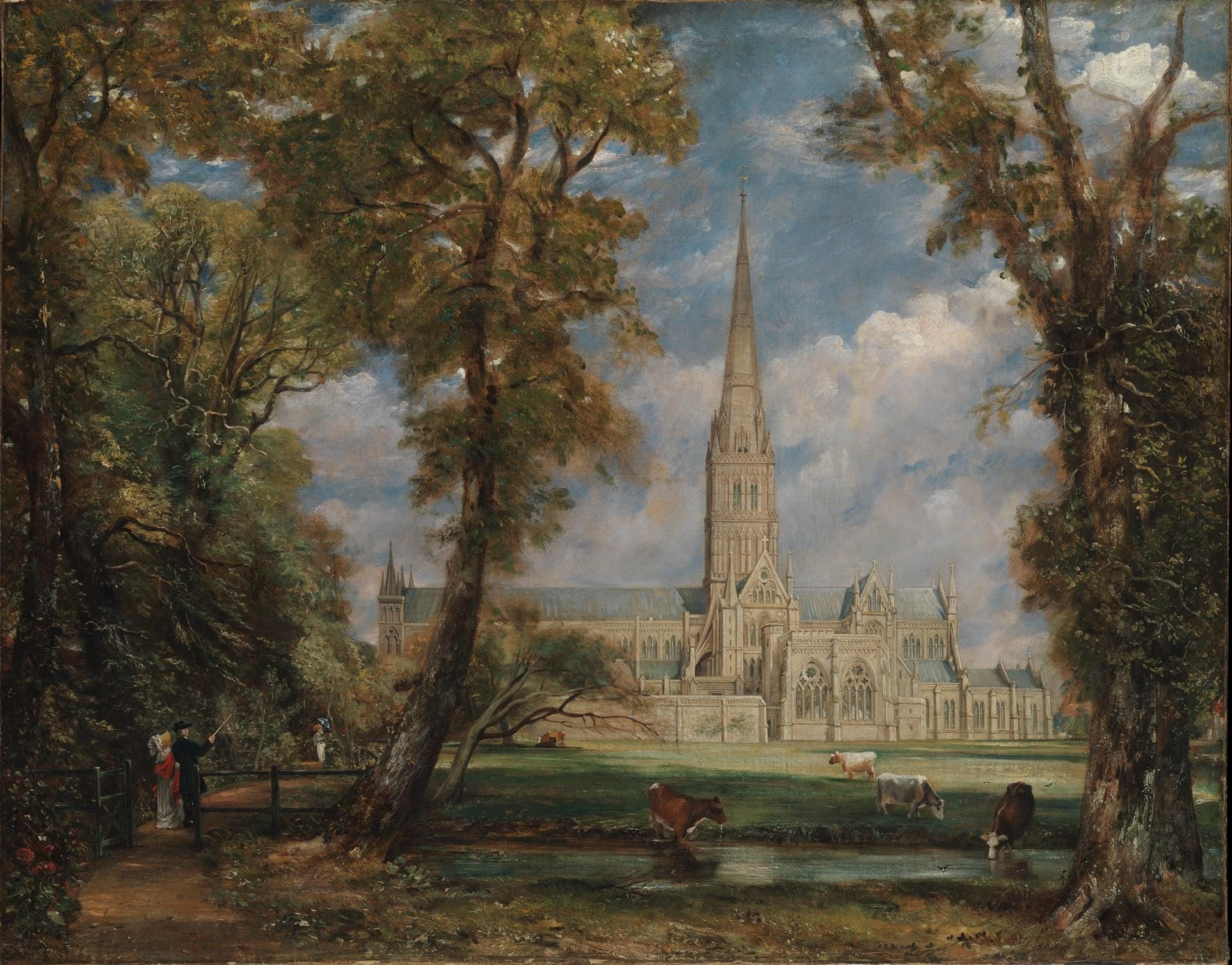 Salisbury Cathedral Canvas Print: John Constable Masterpiece with Vintage Golden Frame, Brush Strokes FOSHE ART