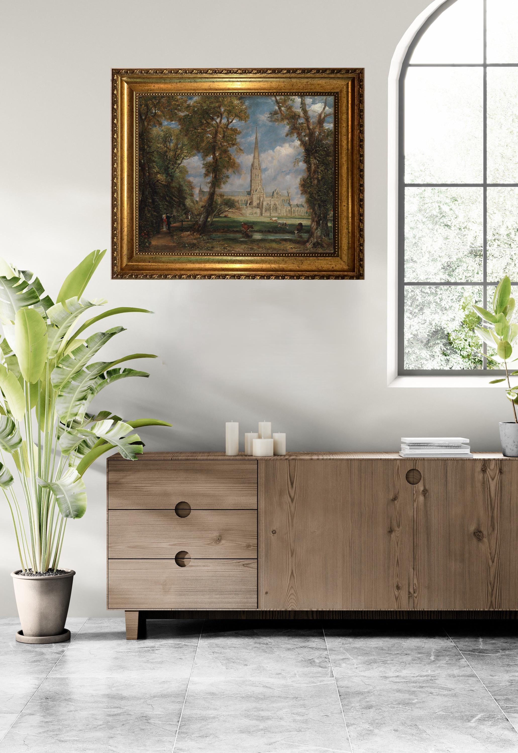 Salisbury Cathedral Canvas Print: John Constable Masterpiece with Vintage Golden Frame, Brush Strokes FOSHE ART