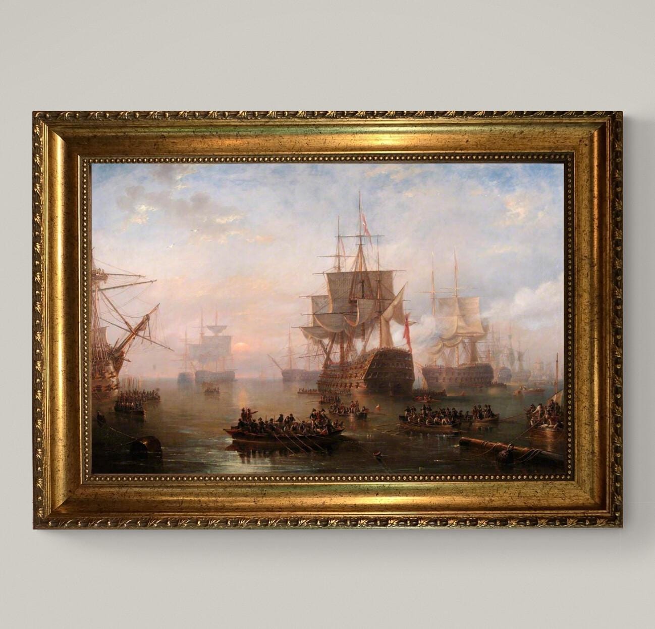 HMS Victory Print: Carmichael Seascape Painting with Vintage Gold Frame, Brush Strokes FOSHE ART