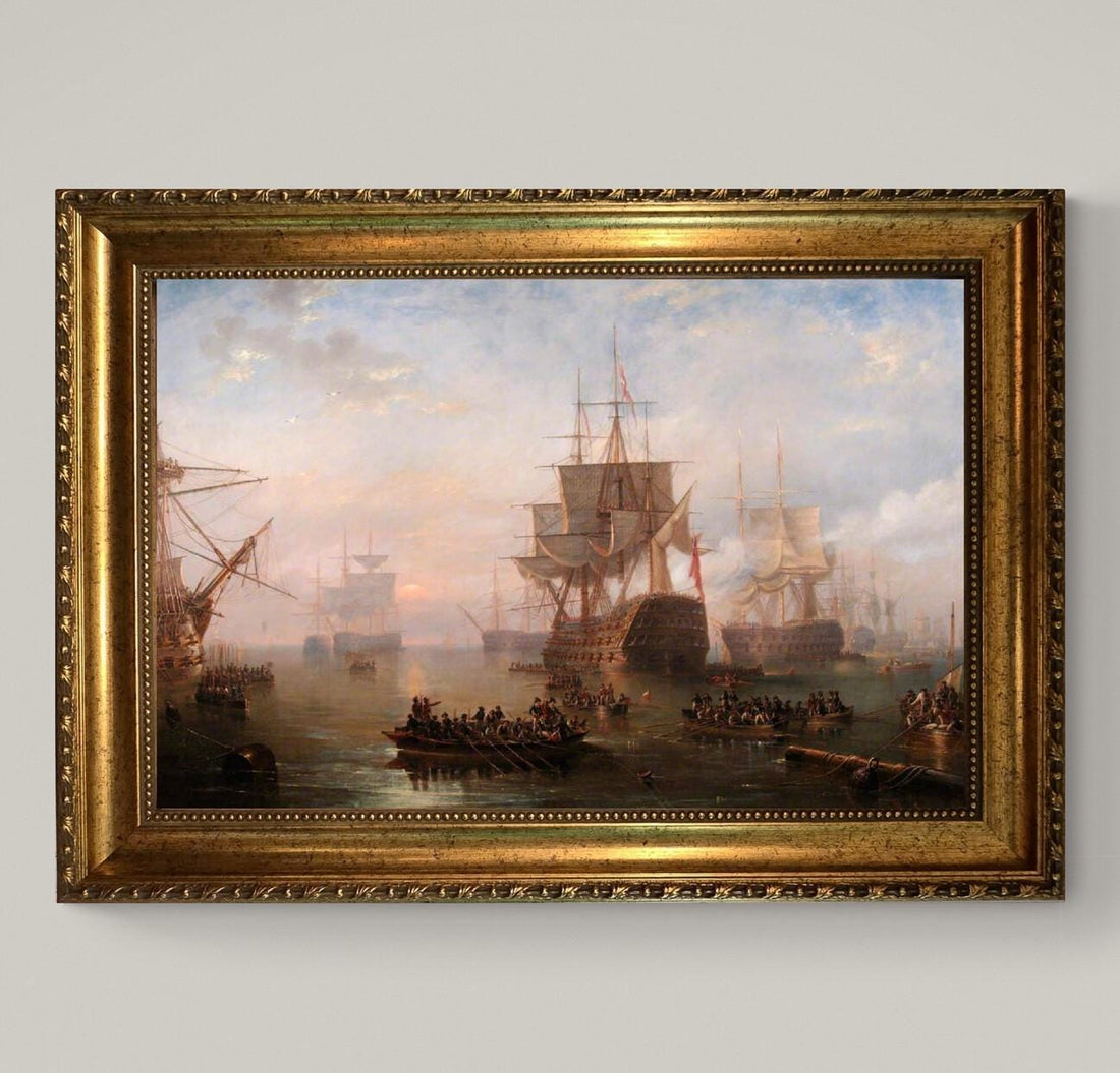 HMS Victory Print: Carmichael Seascape Painting with Vintage Gold Frame, Brush Strokes FOSHE ART