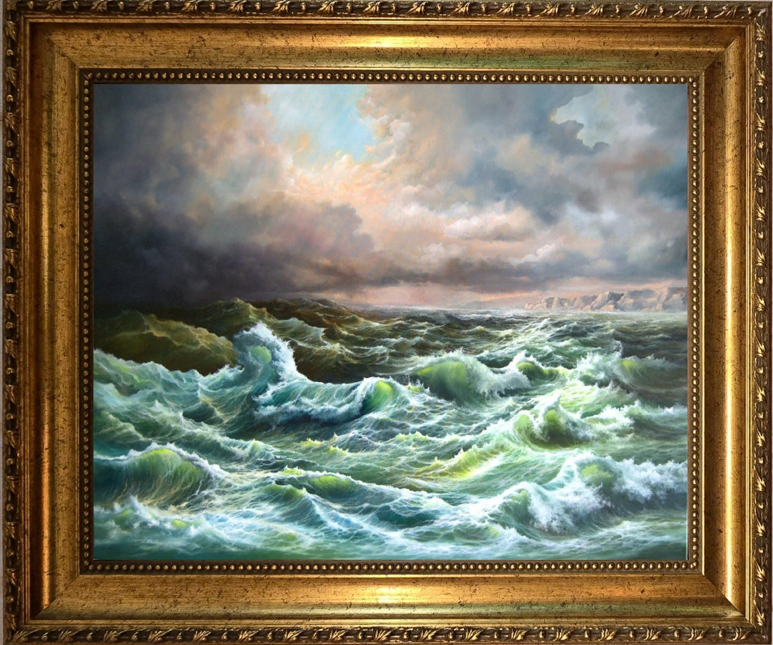 Open Sea 3D Canvas Print: Robert Zietara Signed Painting with Vintage Golden Frame FOSHE ART