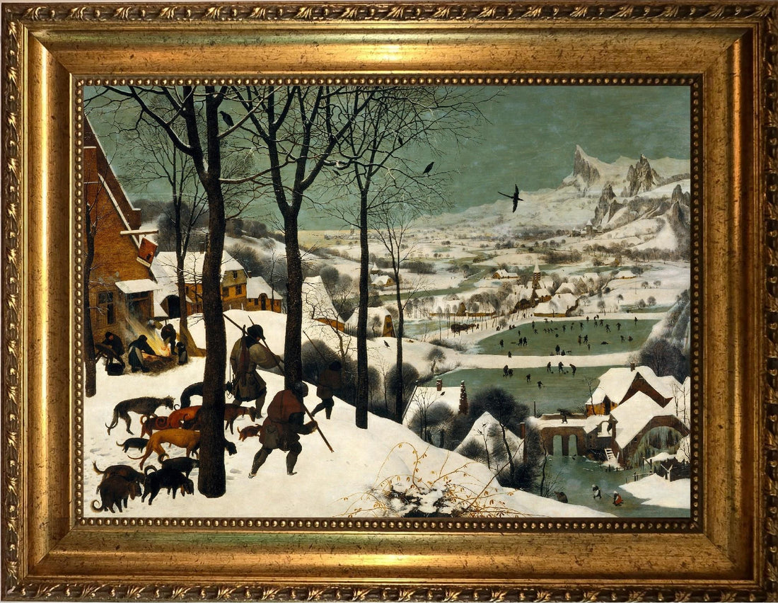 Hunters in the Snow, 3D Hand-Finished Canvas Print, Vintage Golden Frame FOSHE ART