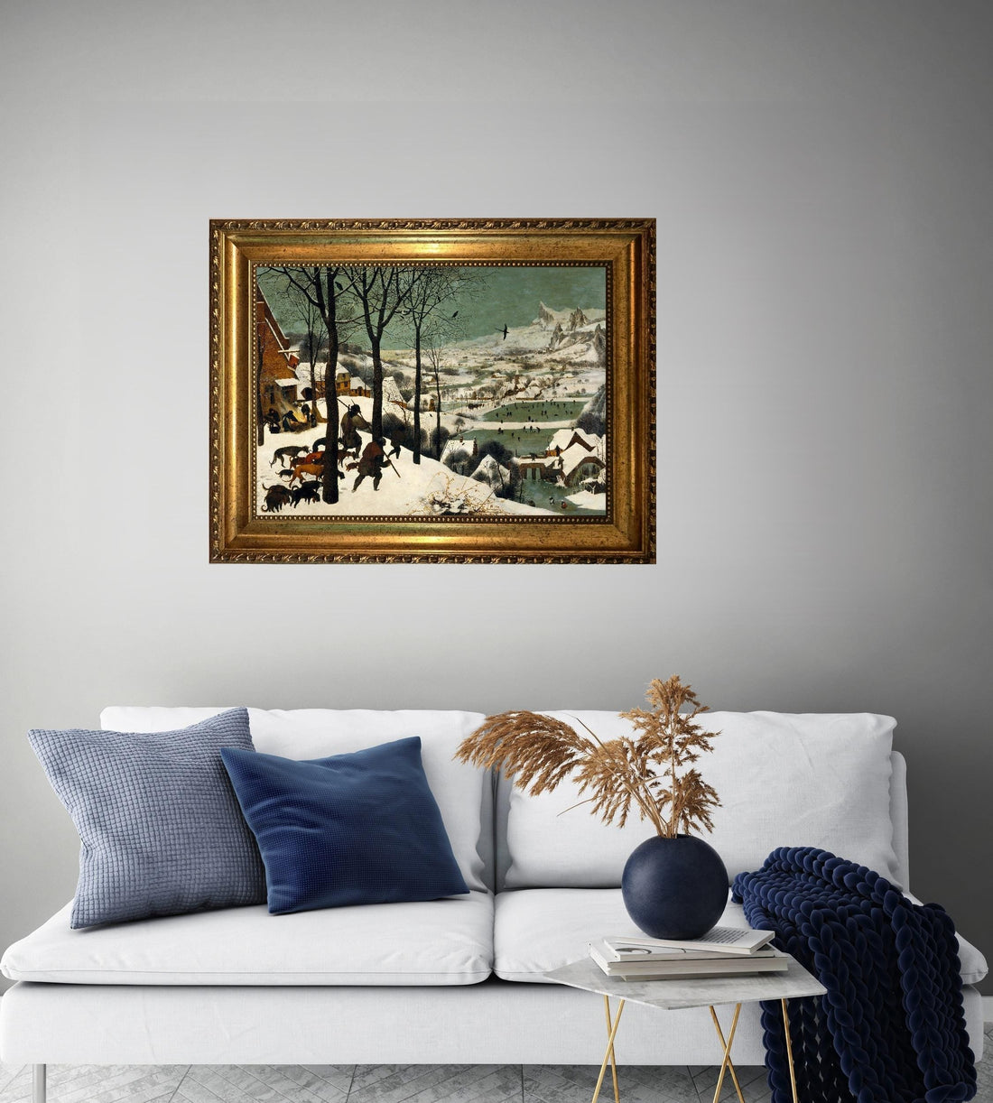 Hunters in the Snow, 3D Hand-Finished Canvas Print, Vintage Golden Frame FOSHE ART