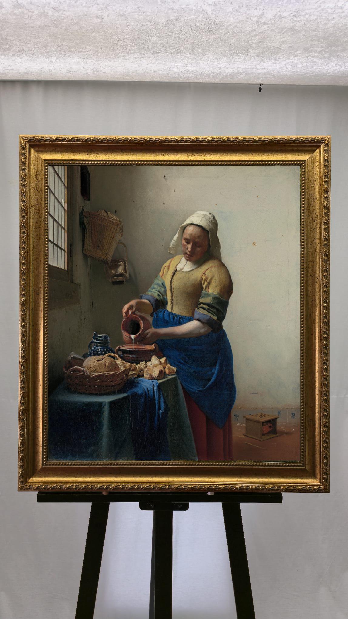 Vermeer's Milkmaid 3D Canvas Print: Vintage Golden Frame, Brush Strokes FOSHE ART