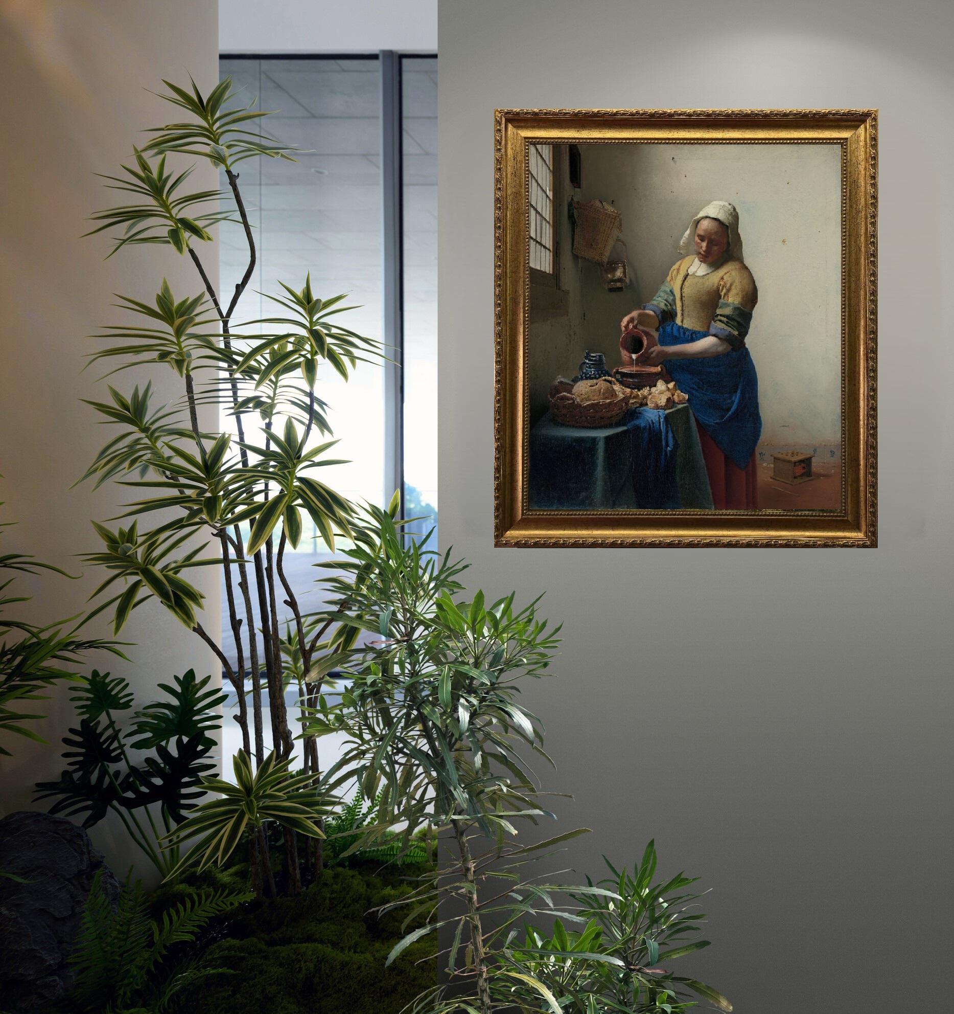 Vermeer's Milkmaid 3D Canvas Print: Vintage Golden Frame, Brush Strokes FOSHE ART