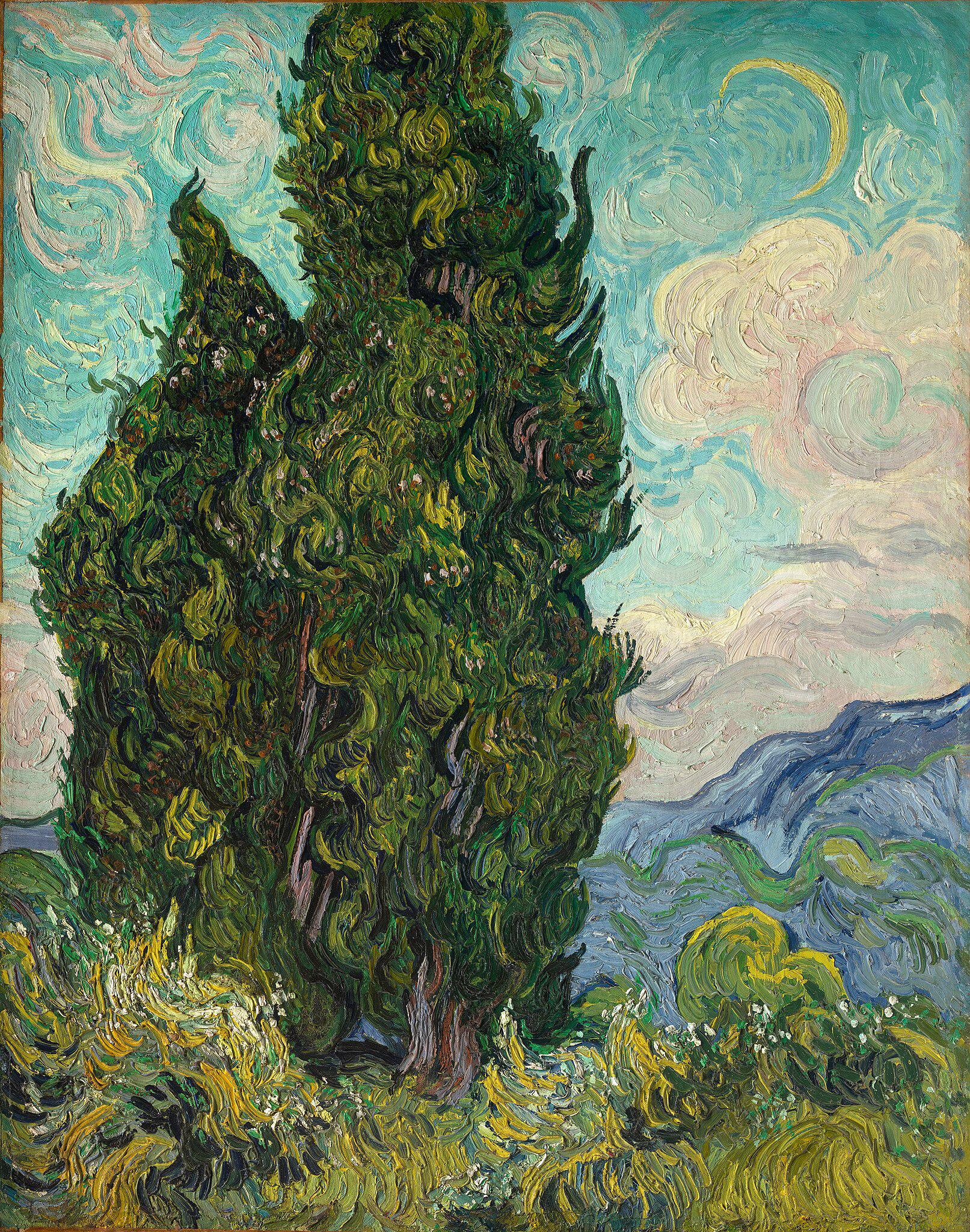Van Gogh Cypresses 3D Canvas Print with Vintage Wooden Gold Frame, Brush Strokes FOSHE ART