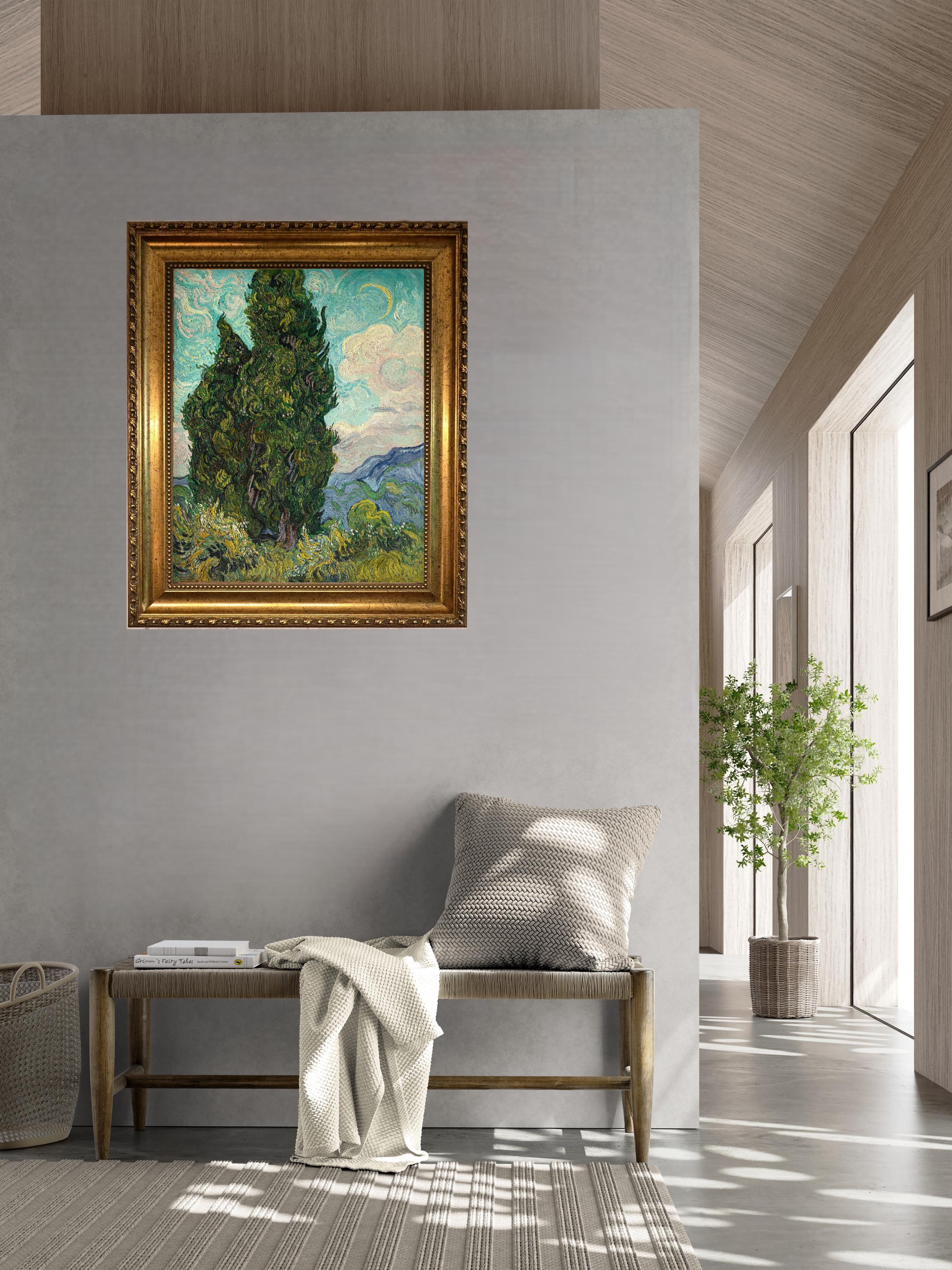 Van Gogh Cypresses 3D Canvas Print with Vintage Wooden Gold Frame, Brush Strokes FOSHE ART