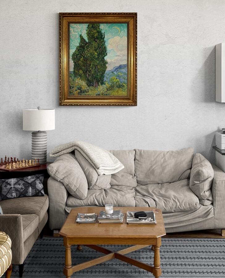 Van Gogh Cypresses 3D Canvas Print with Vintage Wooden Gold Frame, Brush Strokes FOSHE ART