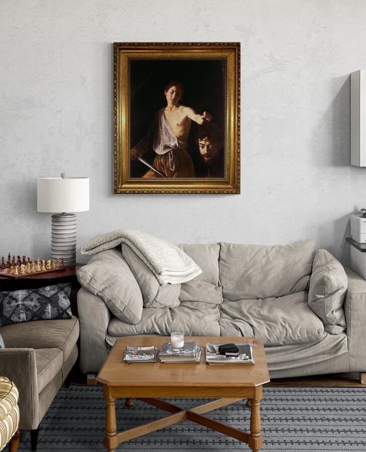 Caravaggio David and Goliath 3D Canvas Print: Gold Wooden Frame, Brush Stroke Texture FOSHE ART