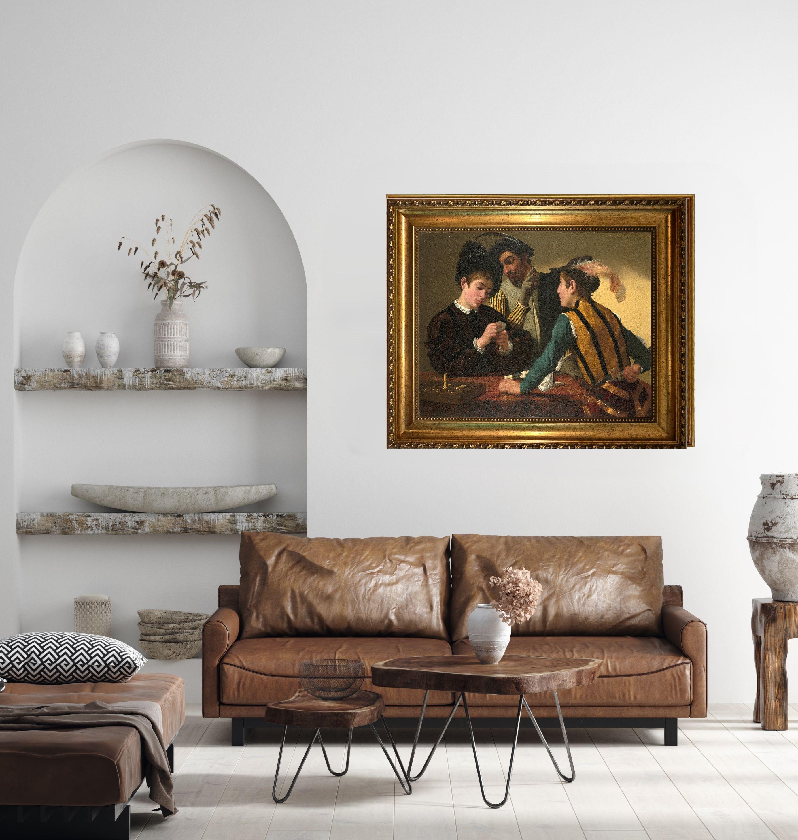 Cardsharps by Caravaggio, 3D Canvas Print with Brush Strokes and Wooden Gold Frame FOSHE ART