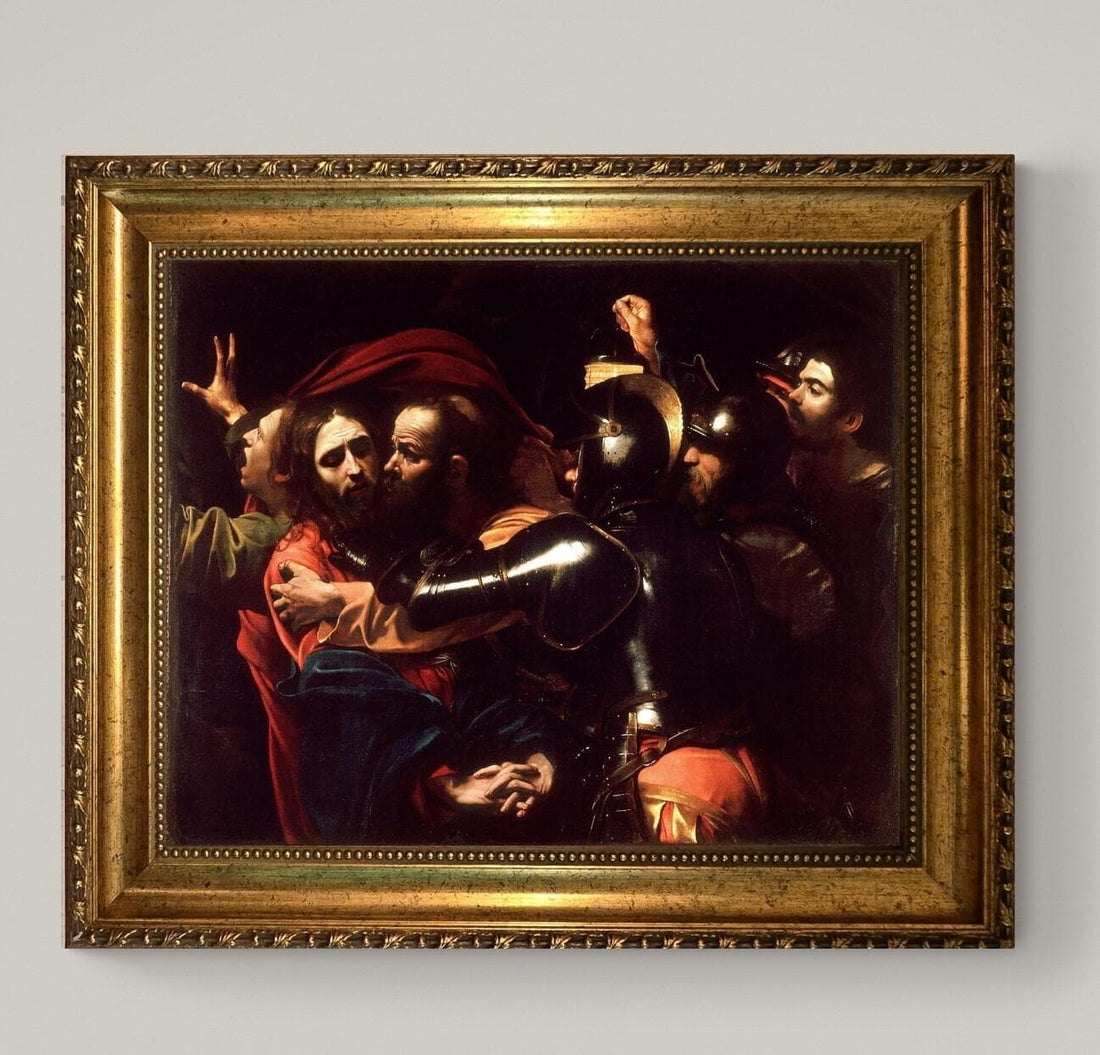 The Talking of Chris by Caravaggio, Premium 3D Canvas Print with brush strokes and vintage wooden gold frame FOSHE ART