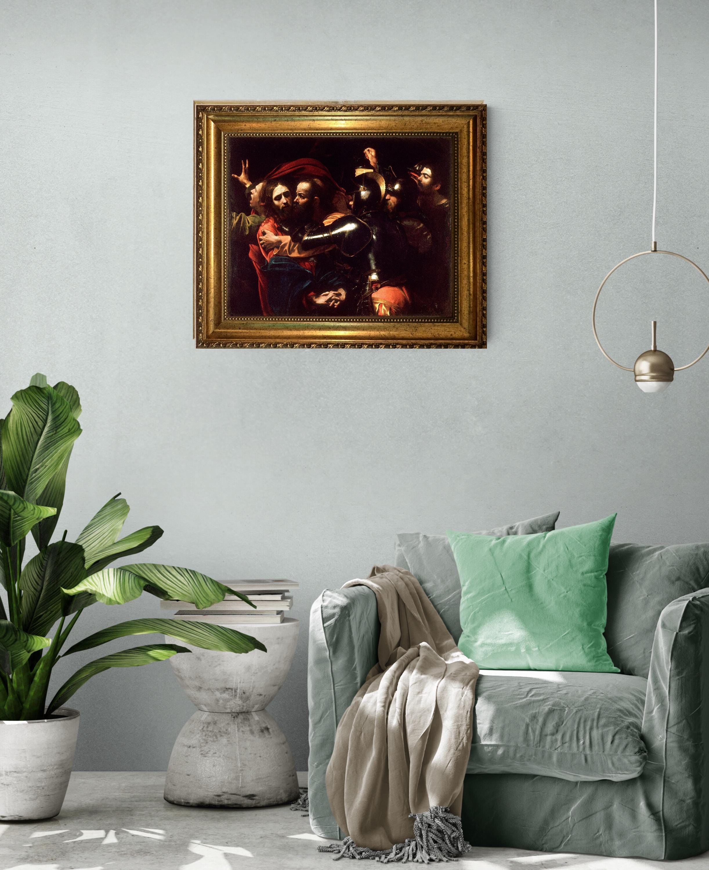 The Talking of Chris by Caravaggio, Premium 3D Canvas Print with brush strokes and vintage wooden gold frame FOSHE ART