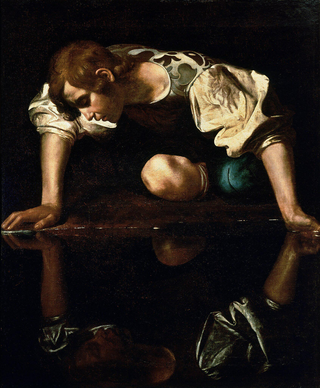 Caravaggio Narcissus Canvas Print, Brush Stroke Texture, Vintage Gold Wooden Frame FOSHE ART