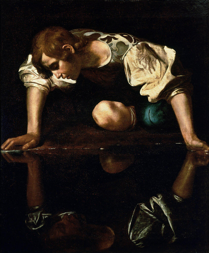 Caravaggio Narcissus Canvas Print, Brush Stroke Texture, Vintage Gold Wooden Frame FOSHE ART