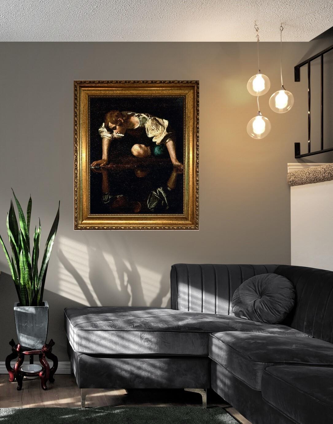 Caravaggio Narcissus Canvas Print, Brush Stroke Texture, Vintage Gold Wooden Frame FOSHE ART