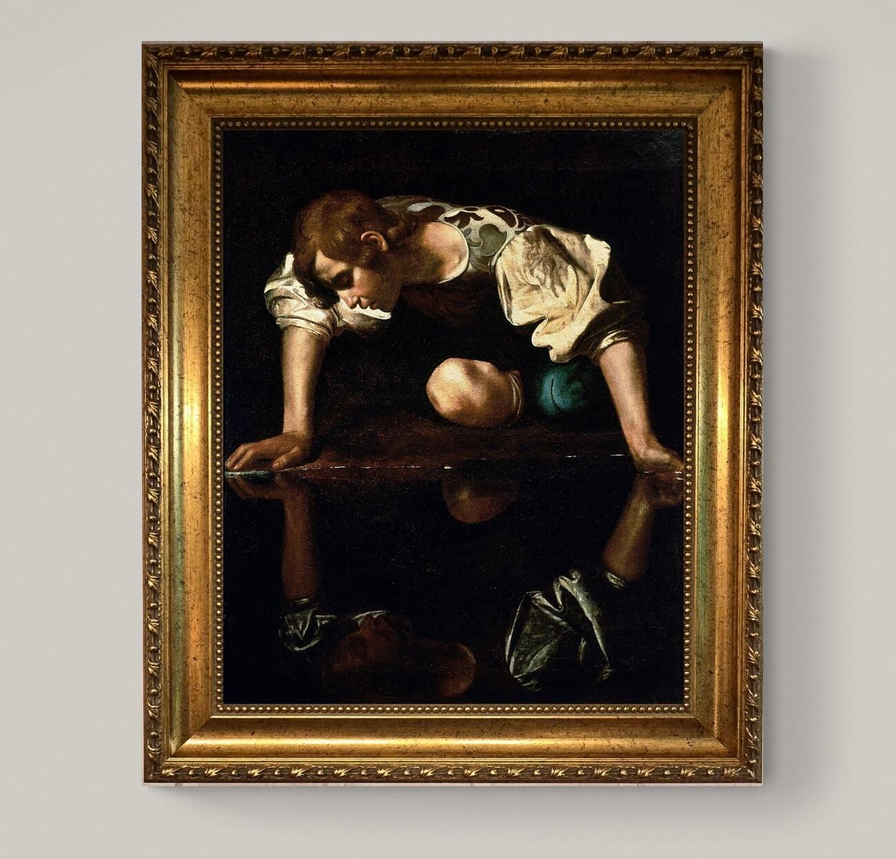 Caravaggio Narcissus Canvas Print, Brush Stroke Texture, Vintage Gold Wooden Frame FOSHE ART