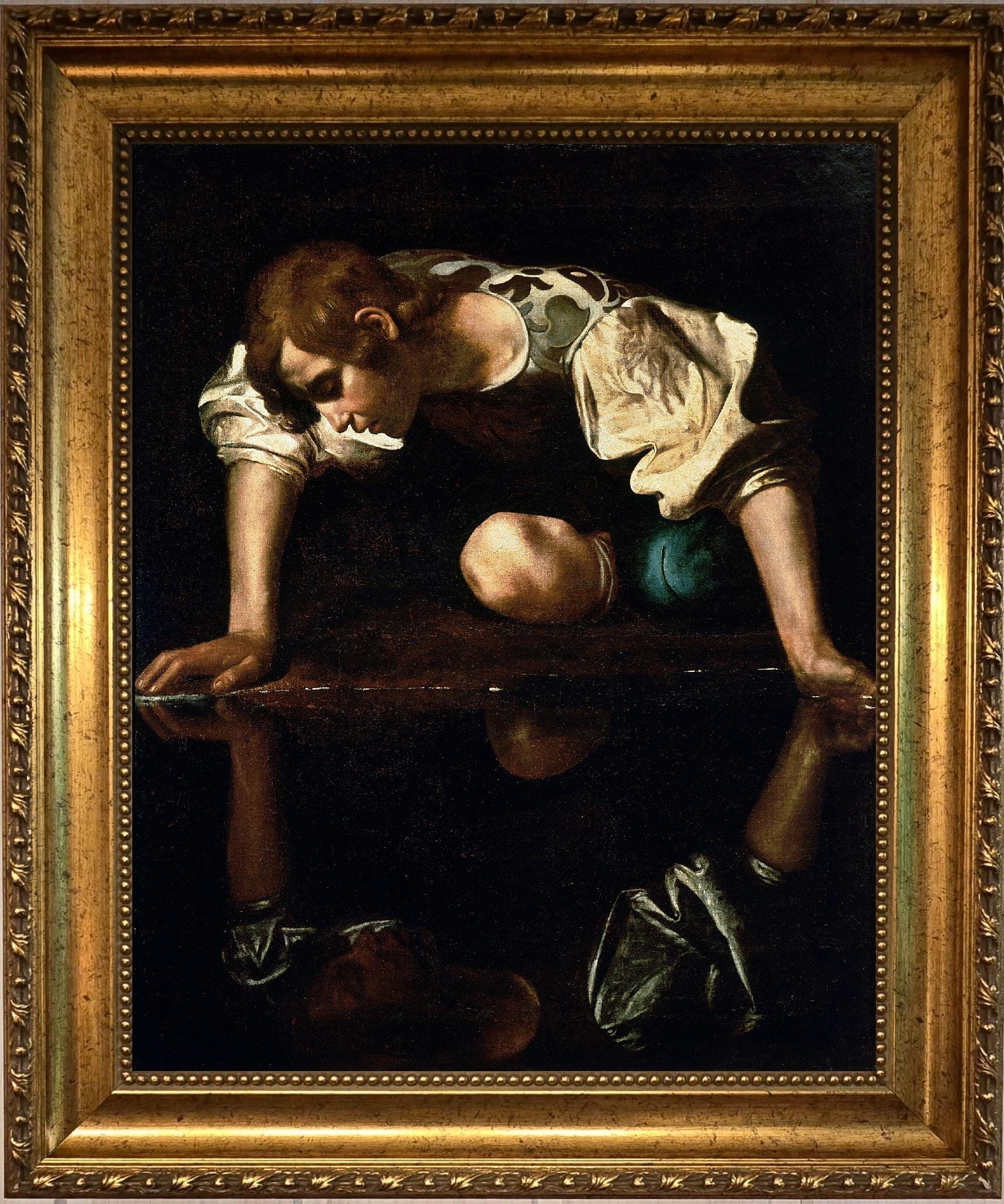 Caravaggio Narcissus Canvas Print, Brush Stroke Texture, Vintage Gold Wooden Frame FOSHE ART