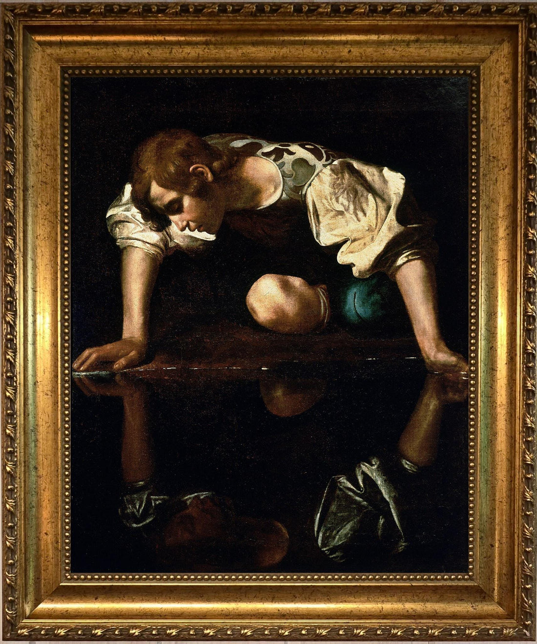 Caravaggio Narcissus Canvas Print, Brush Stroke Texture, Vintage Gold Wooden Frame FOSHE ART