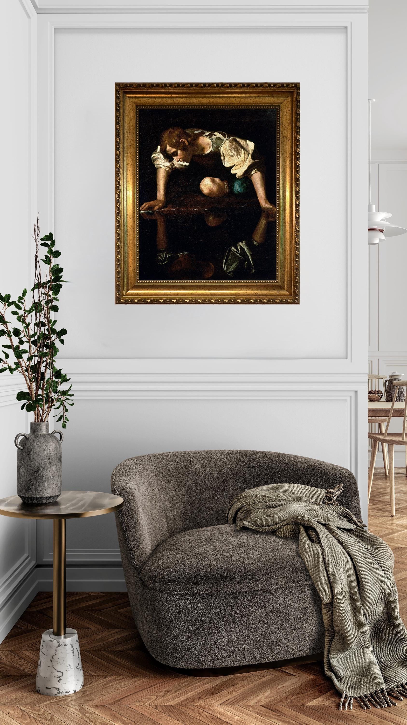 Caravaggio Narcissus Canvas Print, Brush Stroke Texture, Vintage Gold Wooden Frame FOSHE ART