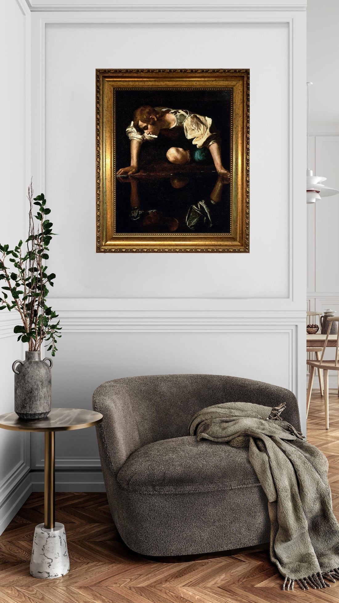 Caravaggio Narcissus Canvas Print, Brush Stroke Texture, Vintage Gold Wooden Frame FOSHE ART