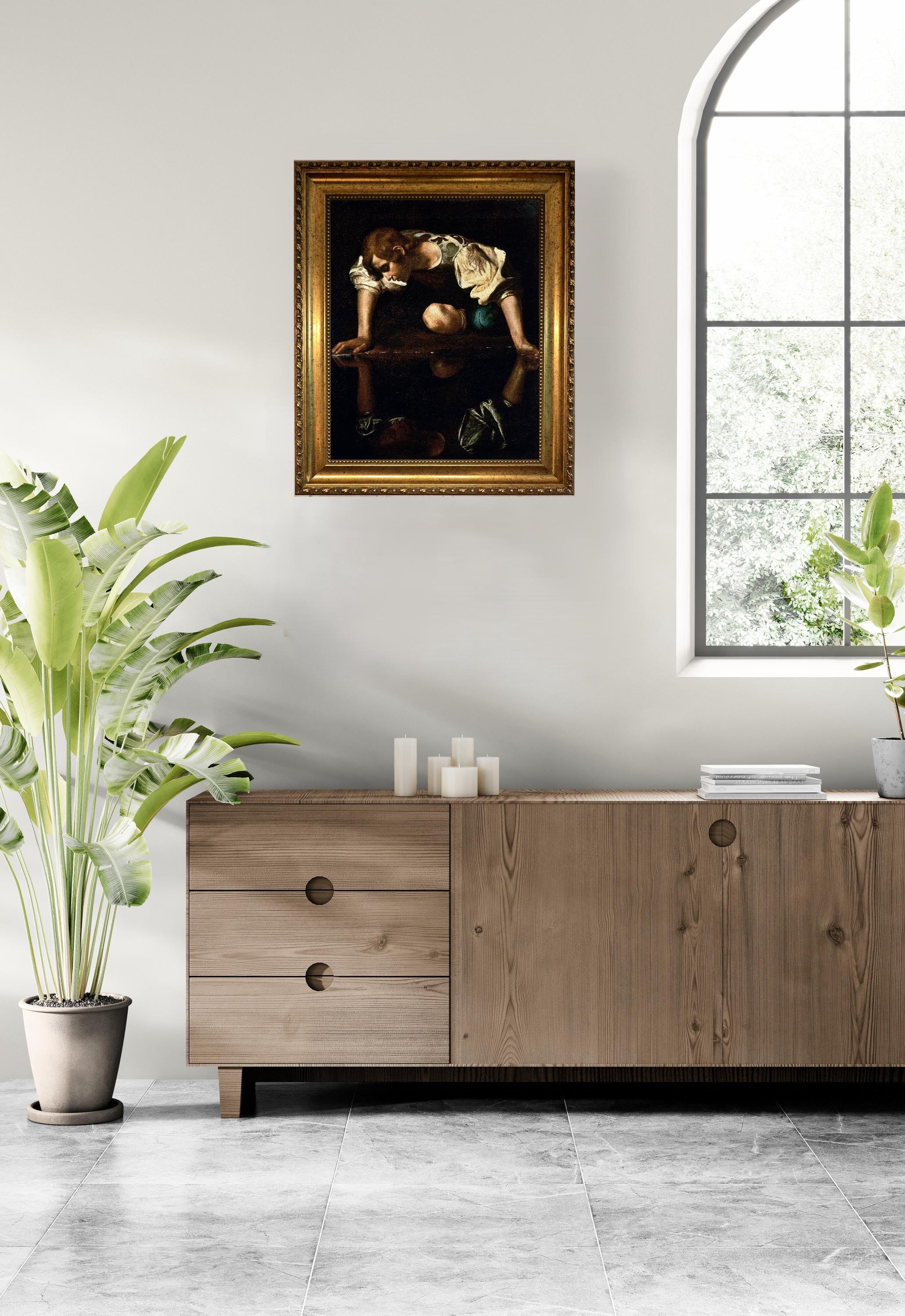 Caravaggio Narcissus Canvas Print, Brush Stroke Texture, Vintage Gold Wooden Frame FOSHE ART