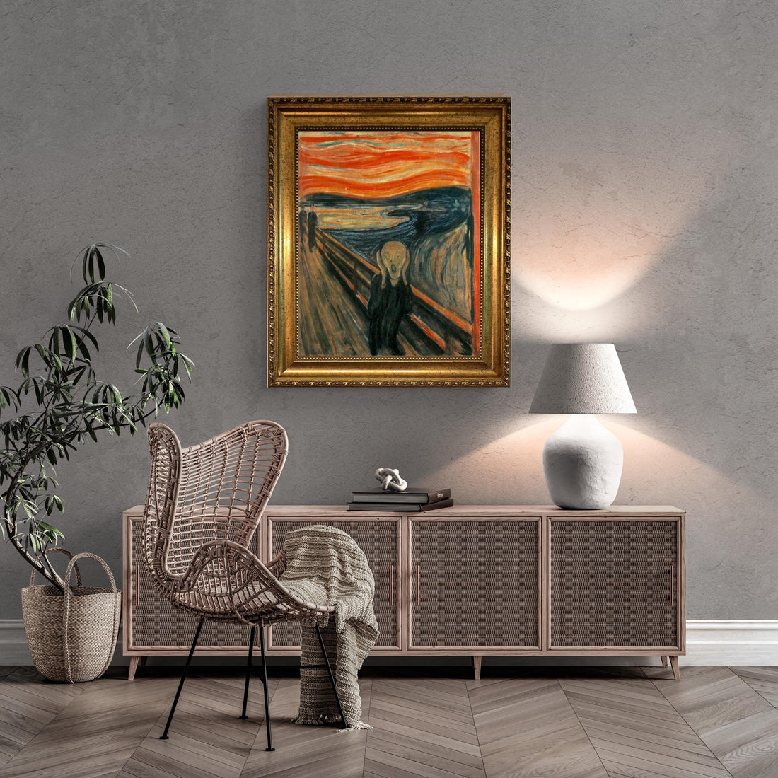 SCREAM by Edvard Munch 3D Canvas Print with Vintage Wooden Gold Frame, Brush Strokes FOSHE ART